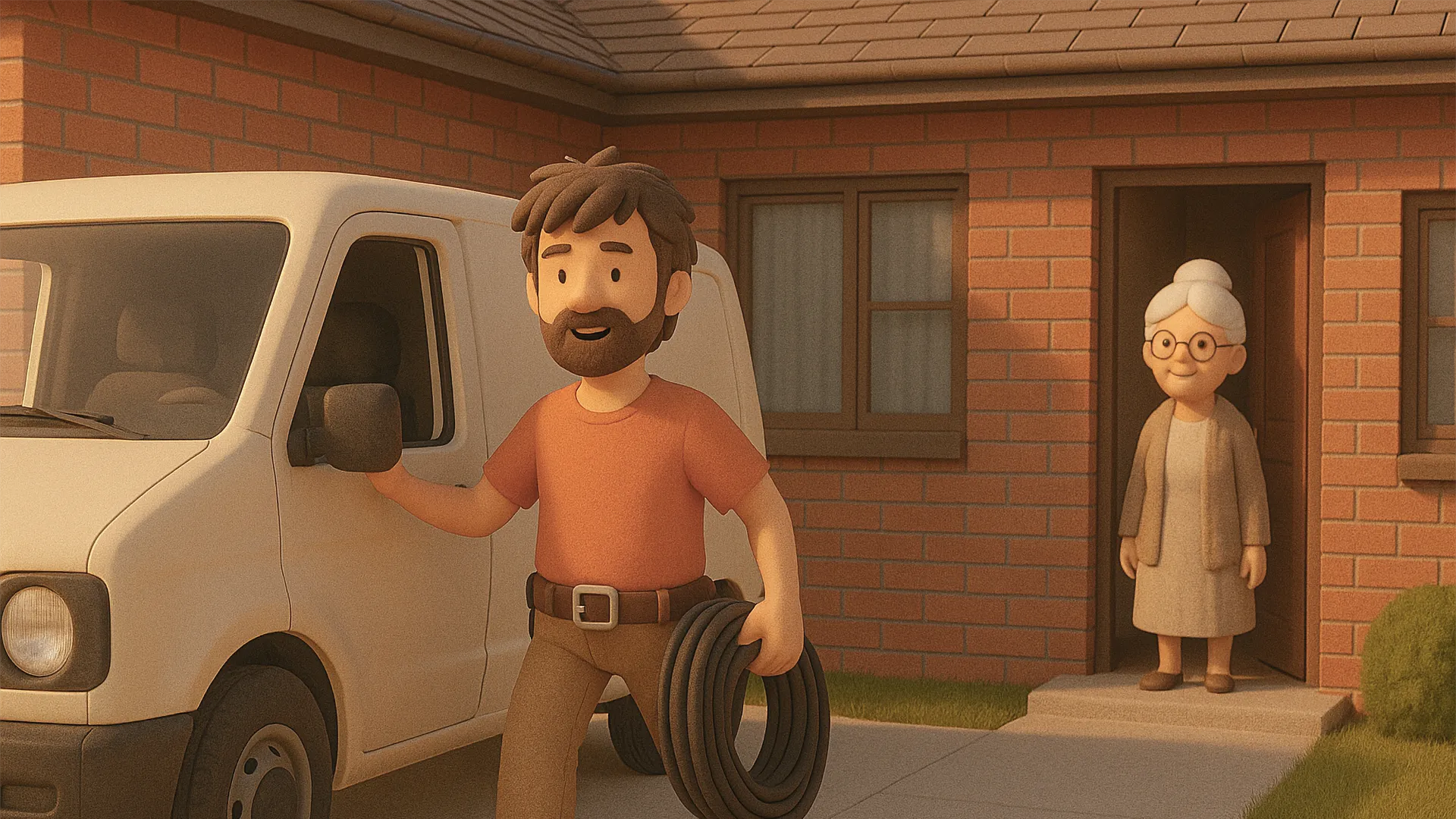 telecommunications installer in the driveway with an old lady