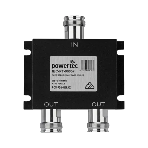Powertec RF Power Divider 2-Way, 698 to 3800 MHz, 4.3-10 Female, Wilkinson