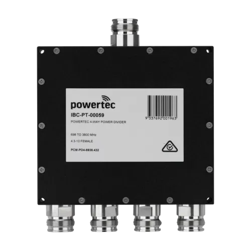 Powertec RF Power Divider 4-Way, 698 to 3800 MHz, 4.3-10 Female, Wilkinson