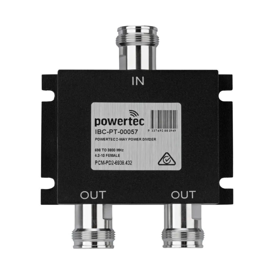 Powertec RF Power Divider 2-Way, 698 to 3800 MHz, 4.3-10 Female, Wilkinson - Main Image (106-PCM-PD2-6938.432)