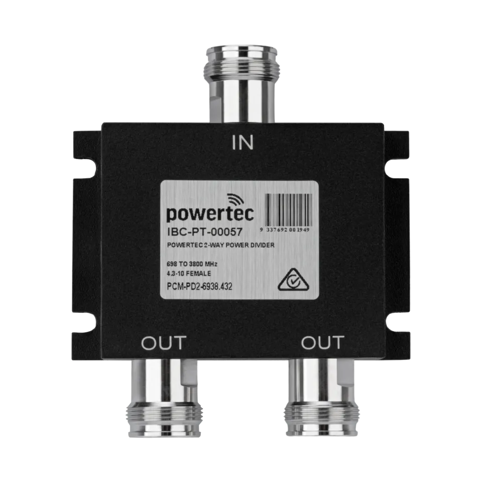 Powertec RF Power Divider 2-Way, 698 to 3800 MHz, 4.3-10 Female, Wilkinson