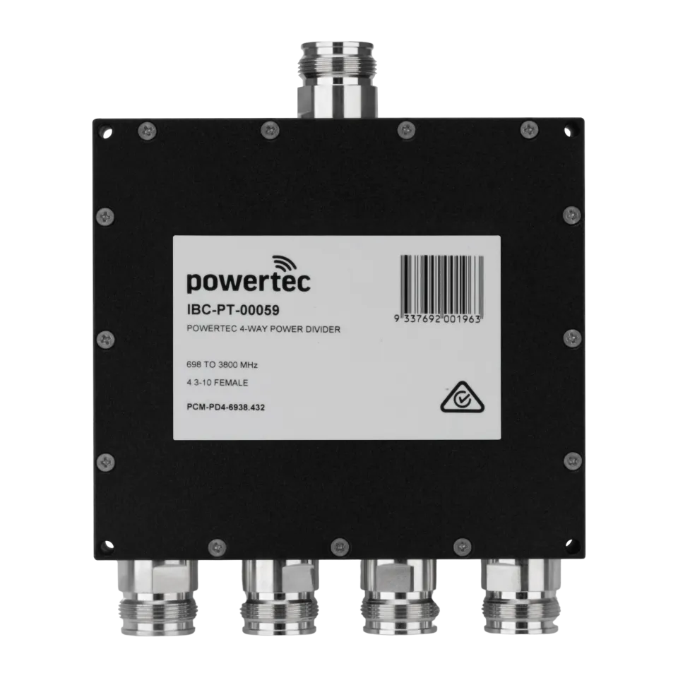 Powertec RF Power Divider 4-Way, 698 to 3800 MHz, 4.3-10 Female, Wilkinson