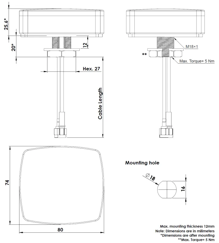2J Phoenix 4G-5G WiFi Ultraband 2x2 MIMO Stud Antenna, 617 to 5925 MHz drawing