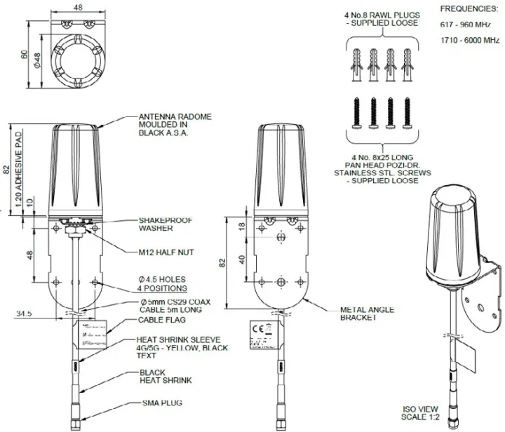 Panorama B4BE-6-60 4G-5G Bracket Mount Antenna, 617 to 6000 MHz drawing