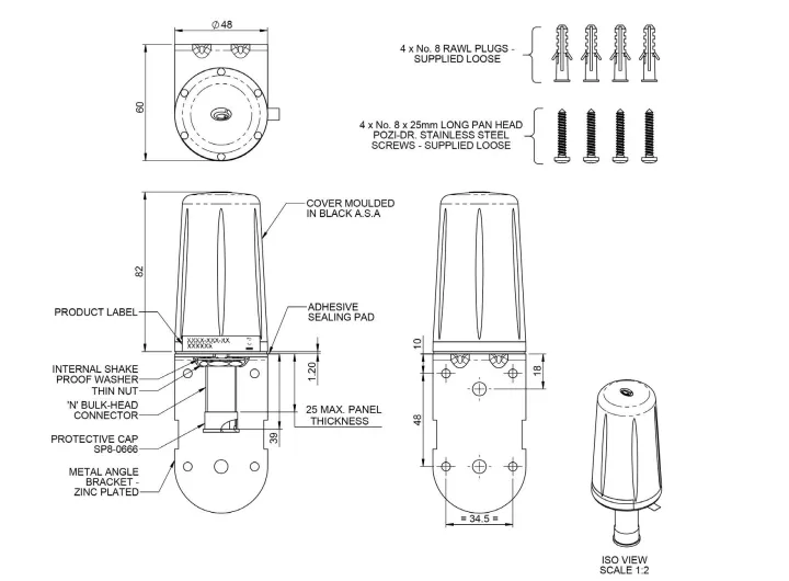 Panorama LPB-6-60 4G-5G Stud Mount Antenna, 617 to 6000 MHz, N Female drawing