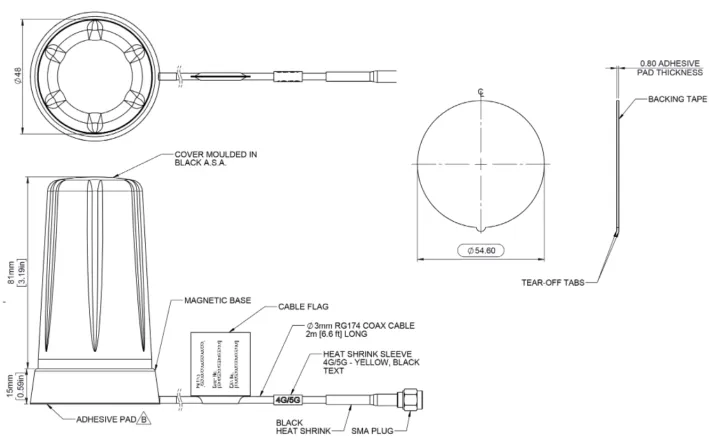 Panorama LPBEM-6-60 4G-5G Magnetic Antenna, 617 to 6000 MHz, 2m SMA Male drawing