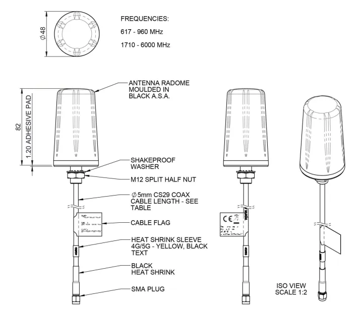 Panorama LPB-6-60 4G-5G Stud Mount Antenna, 617 to 6000 MHz drawing