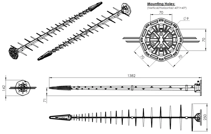 Poynting LPDA-500 Ultra-Wideband 4G-5G Antenna, 617 to 7200 MHz, N Female drawing