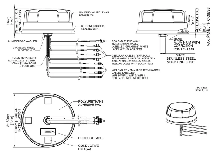 Panorama MAKO 4G-5G 4x4 MIMO Dome Antenna, 0.3m SMA Male drawing