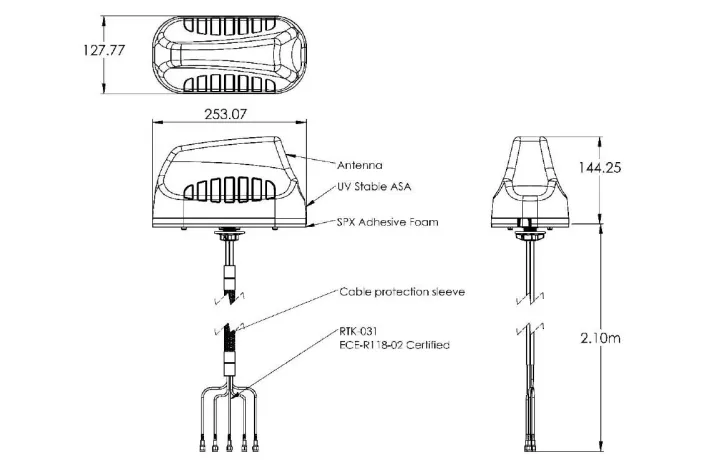 Poynting MIMO-3-15, Ultra-Wideband, 5-in-1 Automotive, 2x2 MIMO 4G-5G + 2x2 MIMO WiFi + GPS antenna, 410 to 3800 MHz drawing