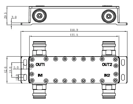Powertec 2x2 Hybrid Combiner, 698 to 3800 MHz, 4.3-10 Female drawing