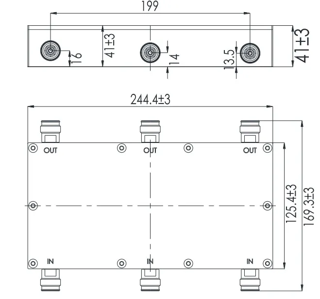 Powertec 3x3 Hybrid Combiner, 698 to 3800 MHz, 4.3-10 Female drawing