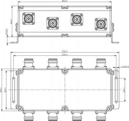 Powertec 4x4 Hybrid Coupler, 698 to 3800 MHz, 4.3-10 Female drawing