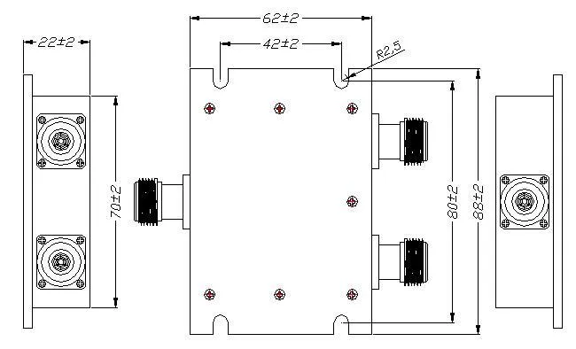 Powertec RF Power Divider 2-Way, 698 to 3800 MHz, N Female, Wilkinson drawing