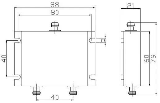 Powertec RF Power Divider 2-Way, 698 to 3800 MHz, SMA Female, Wilkinson drawing
