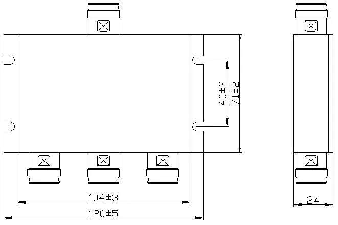 Powertec RF Power Divider 3-Way, 698 to 3800 MHz, 4.3-10 Female, Wilkinson drawing