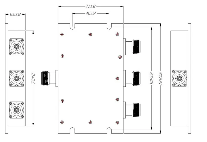 Powertec RF Power Divider 3-Way, 698 to 3800 MHz, N Female, Wilkinson drawing