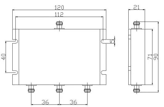 Powertec RF Power Divider 3-Way, 698 to 3800 MHz, SMA Female, Wilkinson drawing