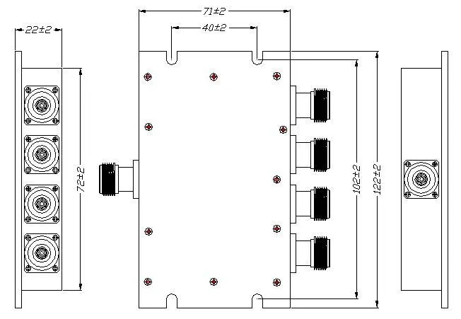 Powertec RF Power Divider 4-Way, 698 to 3800 MHz, N Female, Wilkinson drawing