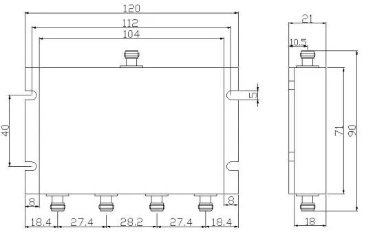 Powertec RF Power Divider 4-Way, 698 to 3800 MHz, SMA Female, Wilkinson drawing