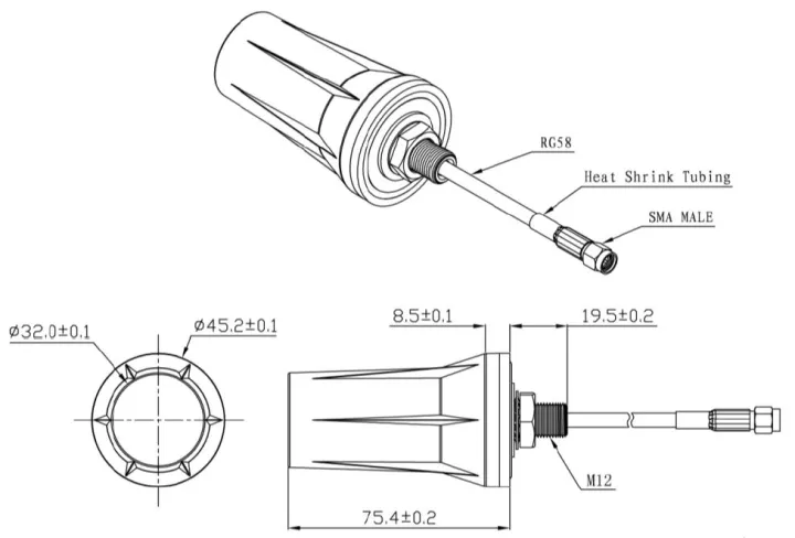 Powertec 4G Wideband Stud Antenna, 700 to 2700 MHz, SMA Male drawing