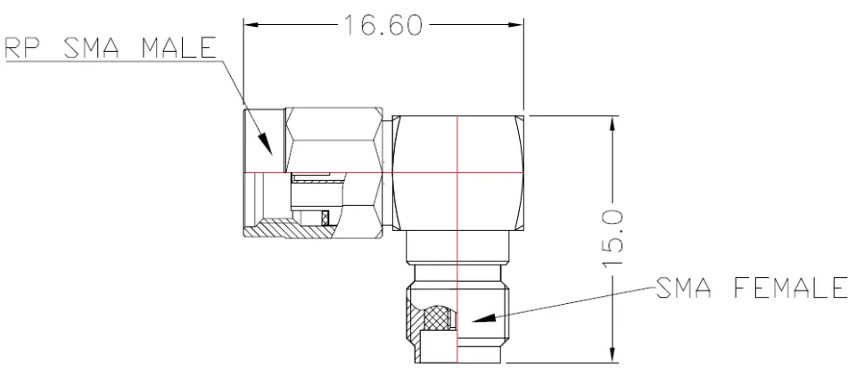 RF Adapter SMA Female to RP-SMA Male, Right Angle drawing