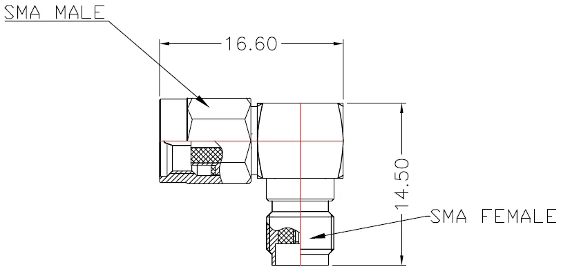 RF Adapter SMA Female to SMA Male, Right Angle drawing