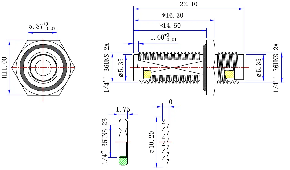 RF Adapter SMA Female to SMA Female, Bulkhead Mount drawing