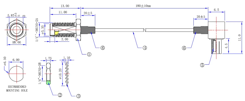 PTL-100 Patch Cable TS9 to SMA Female, 18cm drawing