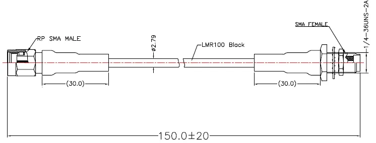 PTL-100 Patch Cable RP-SMA Male to SMA Female, 15cm drawing