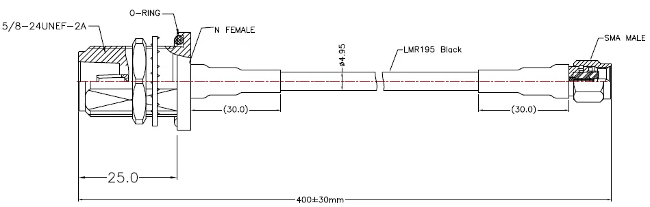 PTL-195 Patch Cable N Female to SMA Male, 40cm drawing