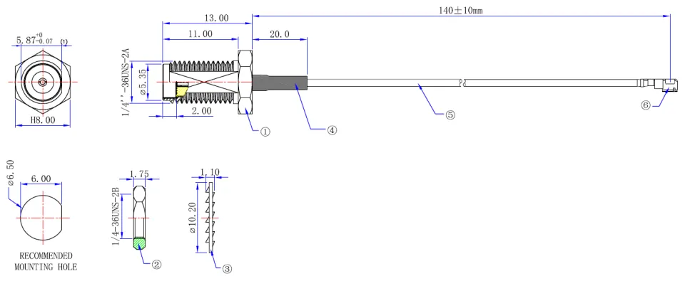 1.37 mm Cable Assembly, U.FL to SMA Female Bulkhead, 14cm drawing