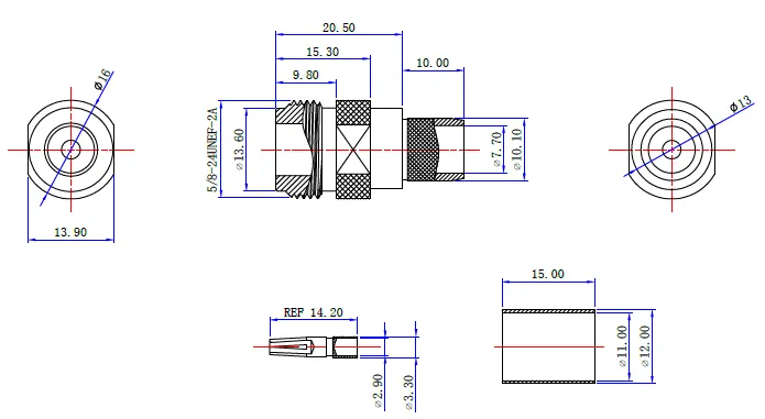 N Female Connector for L-400 Coaxial Cable drawing