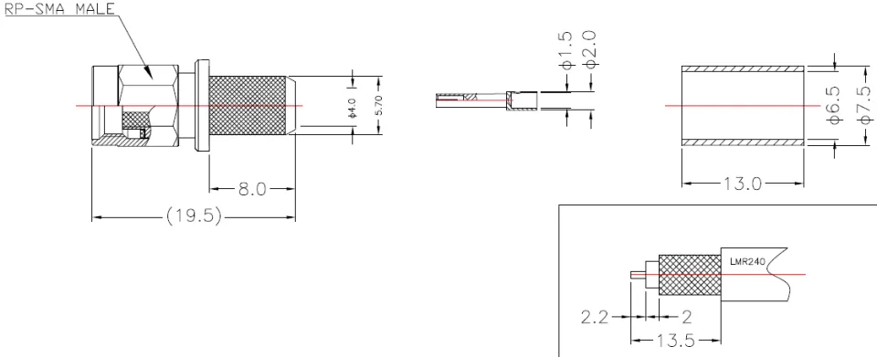 RP-SMA Male Crimp Connector for L-240 Cable drawing