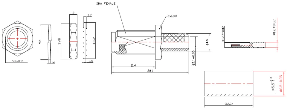 SMA Female Connector for RG-58 / L-195 Coaxial Cable, Bulkhead Mount drawing